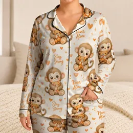 Cute Baby Monkey Hugging Teddy Bear Cozy Home Lounge Gift for Women and Teens Style Satin Pajamas Set