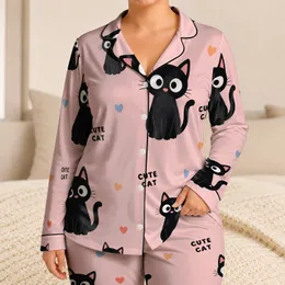 Black Cat Blush Pink Cozy Lounge Set for Cat Lovers and Sweet Nights at Home Daily Satin Pajamas Set