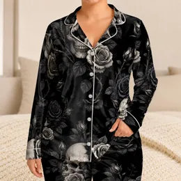 Gothic Skull Roses Black Sleepwear for Alternative Nighttime Lounge Style Unisex Satin Pajamas Set