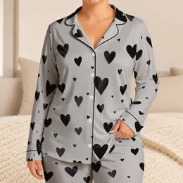 Black Hearts on Heather Gray for Cozy Nights, Relaxed Lounging, Everyday Plus Size Women Satin Pajamas Set