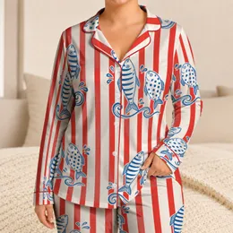 Vintage Red And White Stripes With Blue Fish For Nautical Vacation Gift For Coastal Fans Satin Pajamas Set