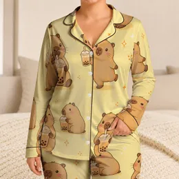 Cute Capybara Milk Tea Lounge Look For Cozy Sleepovers, Gifts, Everyday Comfort Satin Pajamas Set