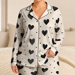 Black Heart And Polka Dot Cozy Valentine Lounge Look For Home Relaxing Everyday Wear Satin Pajamas Set
