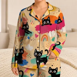 Playful Black Cat Rainbow Lounge Set For Cozy Bedtime Gifts And Sleepovers For Girls Satin Pajamas Set