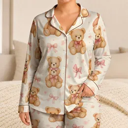 Sweet Bear and Bow Motif for Cozy Bedtime, Nursery Gifts, Girls' Room Decor Ideas Satin Pajamas Set