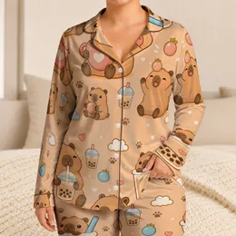 Cute Capybara Bubble Tea Motif For Cozy Nights, Gift Giving, And Calm Home Style Satin Pajamas Set