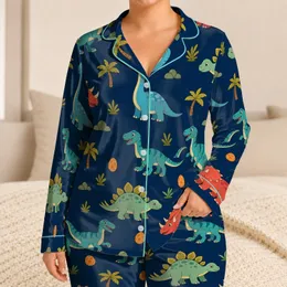 Retro Dinosaur Motifs in Navy for Cozy Family Nights and Weekend Lounging Attire Satin Pajamas Set