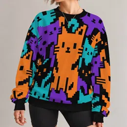 Blocky Cartoon Cats in Bold Colors for Playful Everyday Streetwear All-over Print Knitted Sweater
