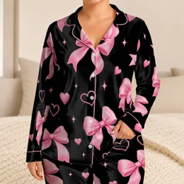 Pink Bow Night Party Look for Women, Cozy Holiday Evening Gift Style for Relaxed Home Satin Pajamas Set
