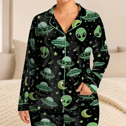 Retro Alien UFO Moon Gift for Holiday Nights, Women's Cozy At-Home Style Favorite Satin Pajamas Set