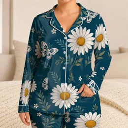 Teal Daisy And Butterfly Bloom For Cozy Nights, Giftable Women's Floral Look For Gifting Satin Pajamas Set