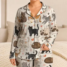 Cute Cartoon Cats Cozy Bedtime Lounge Wear Gift For Cat Lovers Women Plus Size Adult Satin Pajamas Set