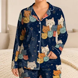 Adorable Sleepy Cats With Star Accents For Cozy Nighttime Lounging, Gift For Cat Lovers Satin Pajamas Set