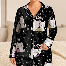 Kawaii Cat Love Star Motif For Cozy Bedtime Gifts For Cat Lovers All Year Satin Pajamas Set