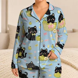 Cute Retro Cat And Apple Motif For Cozy Nights, Gifts For Women And Teens Satin Pajamas Set