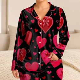 Black Heart Motif For Cozy Sleep And Lounge Nights At Home For Women Romantic Look Satin Pajamas Set