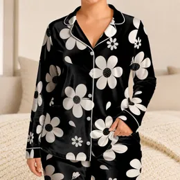 Vintage Minimalist Black Base White Daisy Blooms For Spring Summer Fall Women Style Satin Pajamas Set