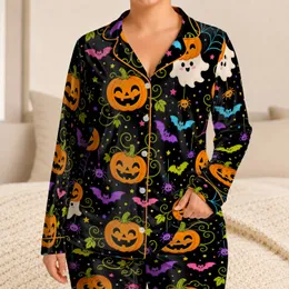 Neon Halloween Pumpkin And Bat Motif For Girls, Cozy Holiday Sleepovers Gift Satin Pajamas Set
