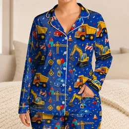 Cobalt Blue Construction Motif Bedtime Set For Boys Spring Summer Playroom Ready Satin Pajamas Set