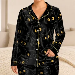 Black Cat Face Nightwear for Cozy Sleepovers and Lounging, Teens and Cat Lovers Gift Satin Pajamas Set
