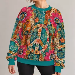Bohemian Floral Peace Symbol for Spring Festivals and Colorful Everyday Wear for Women All-over Print Knitted Sweater