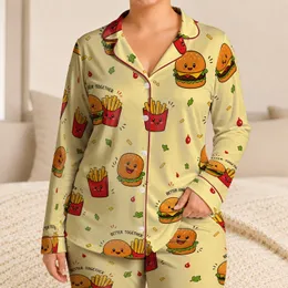Burger And Fries Snack Motif For Cozy Lounge Nights For Teens, Adults, And Kids Satin Pajamas Set