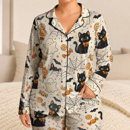 Halloween Cat and Ghost Sleepwear Set for Cozy Autumn Nights and Teen Sleepovers Satin Pajamas Set