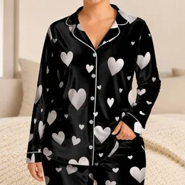 Black Heart Motif For Cozy Nights, Relaxed Weekends, And Romantic Gifts For Her At Home Satin Pajamas Set