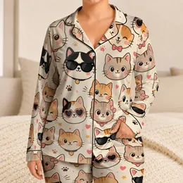 Cute Edgy Cat Faces Cozy Home Lounge Gift for Women and Cat Lovers Everyday Comfort Satin Pajamas Set