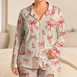 Pink Cowboy Boots And Bows Cozy Western Bedtime Gift For Girly Women Bedroom Style Satin Pajamas Set