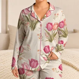 Ivory Tulip Blossoms for Spring Evenings, Soft Vintage Gift for Her in Rose Tones Satin Pajamas Set
