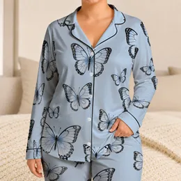 Powder Blue Butterfly Lounge Set for Relaxing Cozy Nights and Gift Giving for Women Satin Pajamas Set