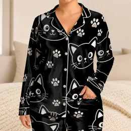 Cute Kitten Face Motif For Cozy Home Days And Gift Giving For Girls And Teens Style Satin Pajamas Set