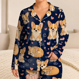 Cute Corgi Sleepy Bedtime Style For Cozy Lounging For Dog Lovers And Women Alike Satin Pajamas Set