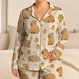 Cute Capybara And Citrus Kawaii Vintage Cartoon Loungewear For Cozy Teens At Home Satin Pajamas Set