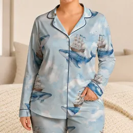 Blue Whale And Sailboat Coastal Summer Nights Bedroom Gift For Teens, Beach House Style Satin Pajamas Set
