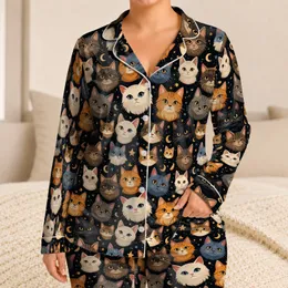 Charcoal Cat Face Cozy Night Style for Cat Lovers, Lounging, and Gift Giving at Home Satin Pajamas Set