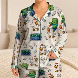 Retro Chicken Jockey Voxel Scenes For Cozy Summer Lounging And Bedtime For Teens Satin Pajamas Set