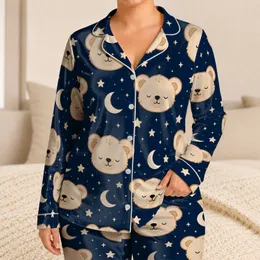 Cream Teddy Bear Moon And Star Bedtime Loungewear Gift For Teen Girls And Tweens Night Satin Pajamas Set