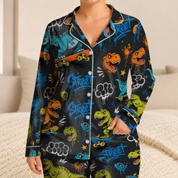 Graffiti Dinosaur Skateboard Lounge Outfit for Teen Boys Summer Chill Sleep Style Satin Pajamas Set