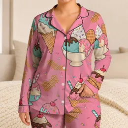 Bubblegum Pink Candy Dessert Bedtime Set With Sweet Treat Motifs For Teens And Women Satin Pajamas Set