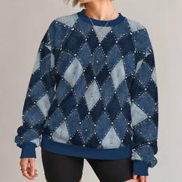 Indigo Denim Argyle with Silver Studs for Autumn Weekend Casual Style All-over Print Knitted Sweater