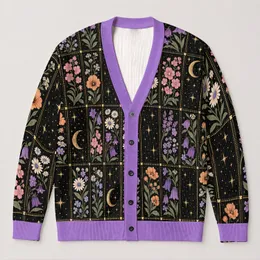 Moonlit Floral Garden for Halloween Nights and Cozy Autumn Outings for Teenagers All-over Print Knitted Cardigan