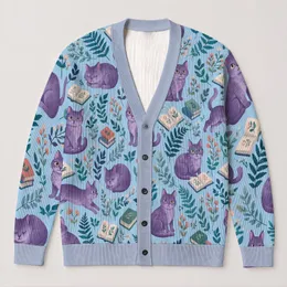Purple Cats Reading Among Ferns for Cozy Autumn Days and Relaxed Outings for Teens All-over Print Knitted Cardigan