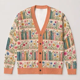 Colorful Bookshelf Florals for Cozy Autumn Reading and Everyday Study Style for Teens All-over Print Knitted Cardigan