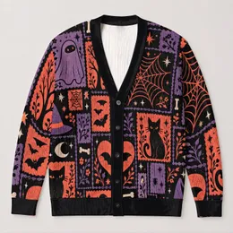 Kawaii Halloween Cats, Bats, Ghosts And Witch Hats For Cozy October Party Nights All-over Print Knitted Cardigan