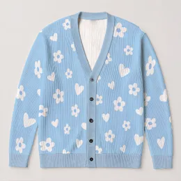 Powder Blue Hearts and Daisies for Cheerful Everyday Spring and Weekend Style All-over Print Knitted Cardigan