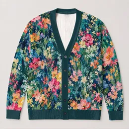 Impressionist Teal Wildflowers for Cozy Autumn Outings and Everyday Layering All-over Print Knitted Cardigan