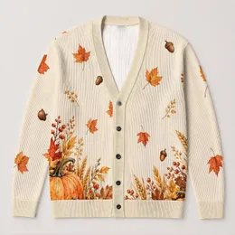 Autumn Pumpkins And Maple Leaves For Cozy Harvest Season Everyday Layering All-over Print Knitted Cardigan