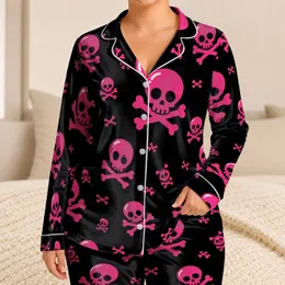 Hot Pink Skull And Crossbones On Black For Edgy Lounge Nights And Gift Giving At Home Satin Pajamas Set